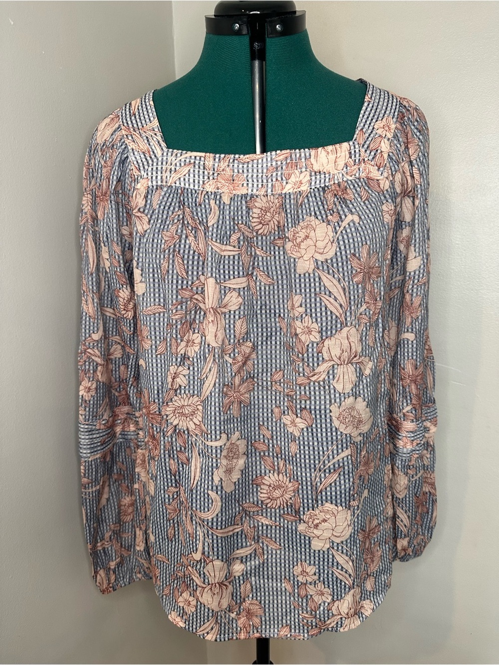 LC Lauren Conrad Blue and Blush Floral Square-Neck Blouse